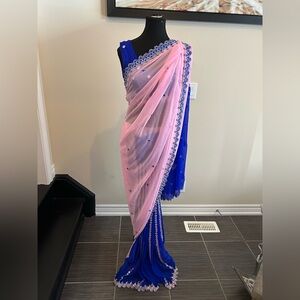 Blue & Blush Pink Embellished Saree with Ready-Made Blouse